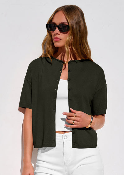 PRETTYGARDEN Women Spring Short Sleeve Cardigan Sweaters Button Down Knit Shirt Blouse Dressy Casual Tops Summer Outfits PRETTYGARDEN