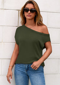 PRETTYGARDEN Womens Off The Shoulder Tops Summer Casual Short Sleeve Tunic T Shirts Lightweight Knit Sweaters PRETTYGARDEN