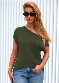 PRETTYGARDEN Womens Off The Shoulder Tops Summer Casual Short Sleeve Tunic T Shirts Lightweight Knit Sweaters PRETTYGARDEN