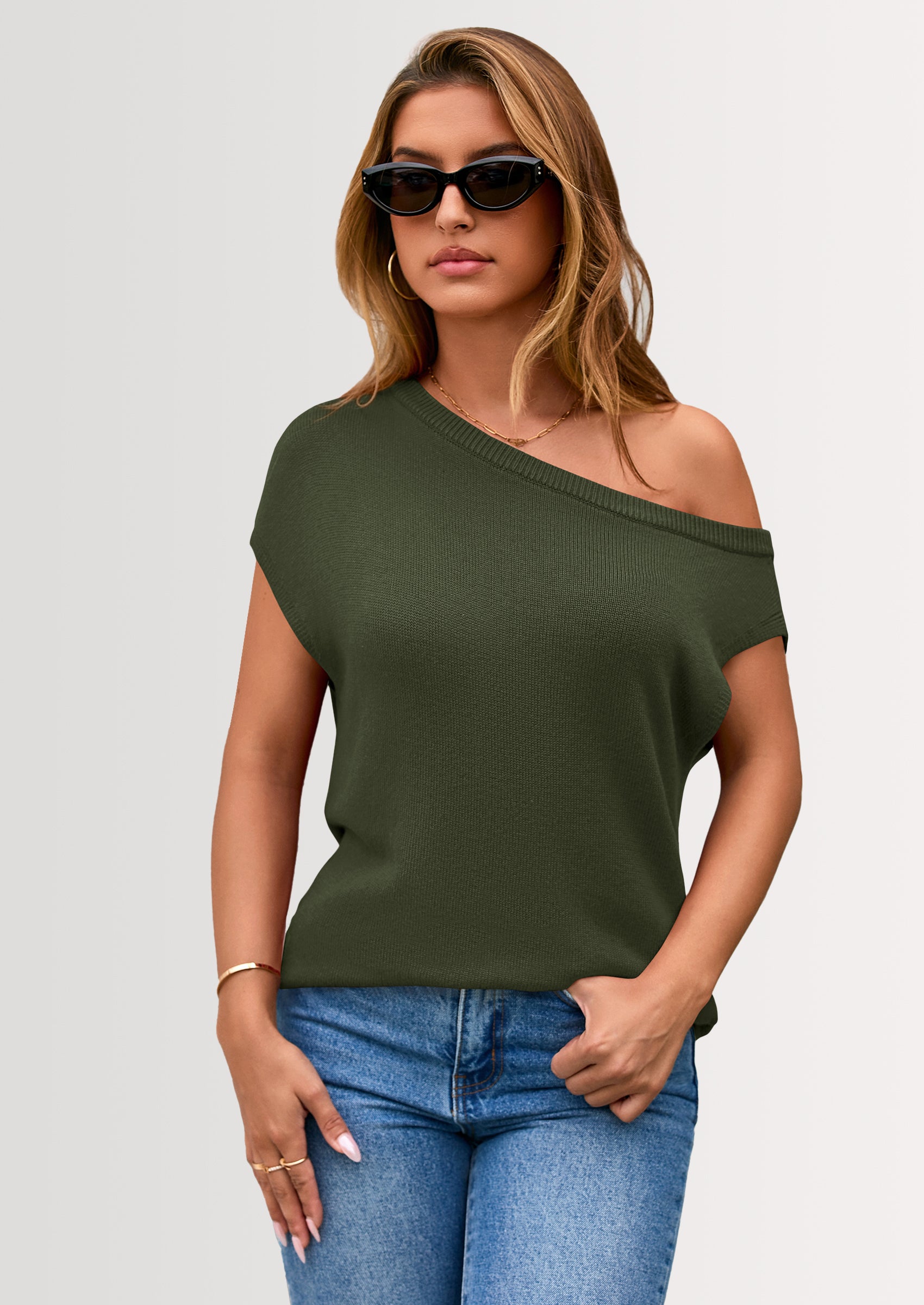 PRETTYGARDEN Womens Off The Shoulder Tops Summer Casual Short Sleeve Tunic T Shirts Lightweight Knit Sweaters