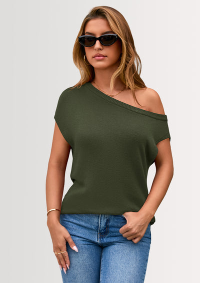 PRETTYGARDEN Womens Off The Shoulder Tops Summer Casual Short Sleeve Tunic T Shirts Lightweight Knit Sweaters
