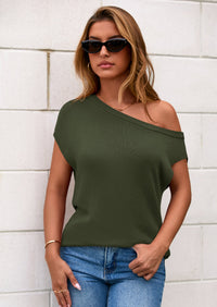 PRETTYGARDEN Womens Off The Shoulder Tops Summer Casual Short Sleeve Tunic T Shirts Lightweight Knit Sweaters PRETTYGARDEN