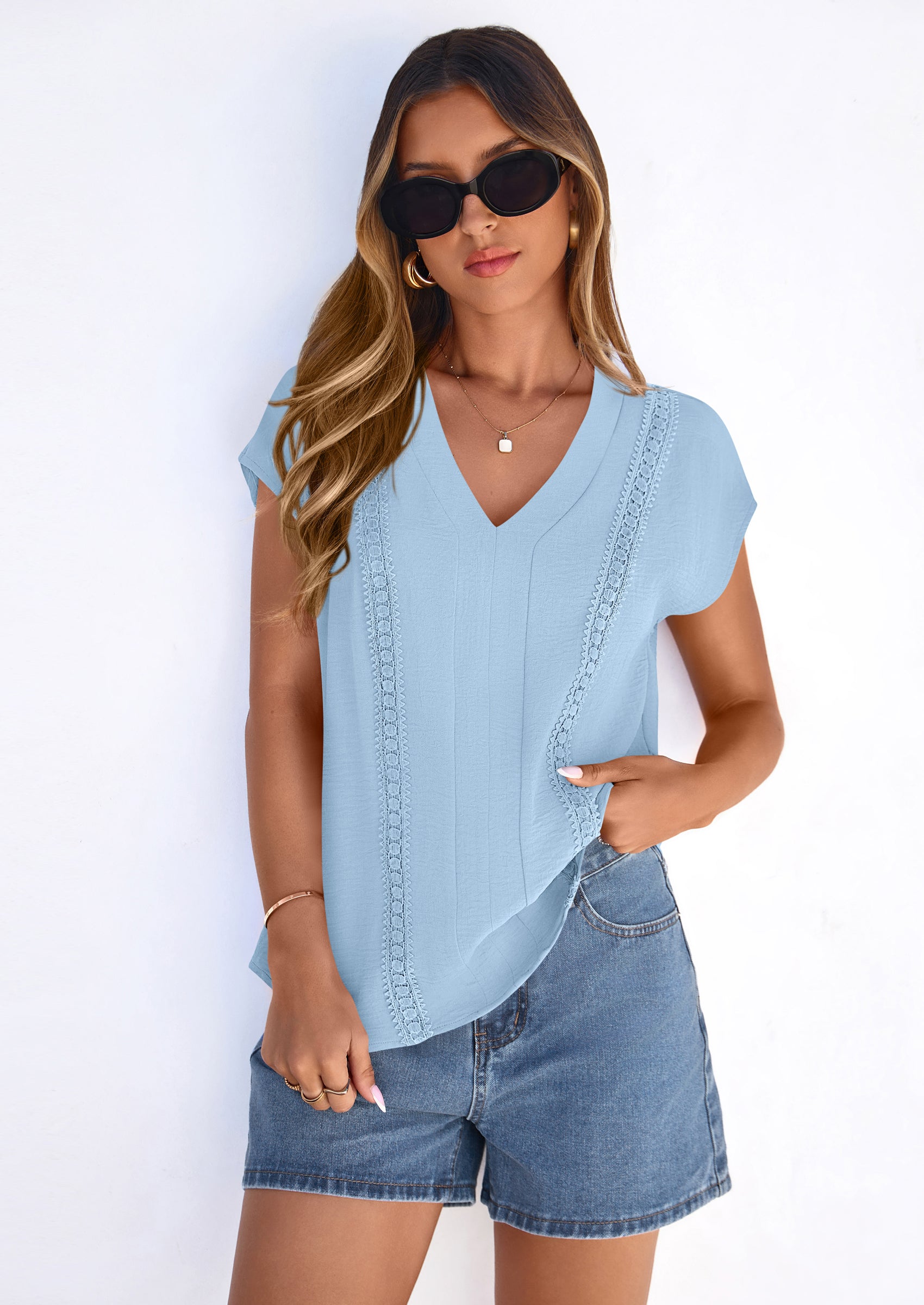PRETTYGARDEN Spring Tops for Women Summer Fashion Clothes Dressy Casual Blouses Cap Sleeve V Neck Shirts Work Outfits PRETTYGARDEN