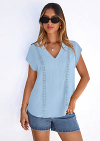 PRETTYGARDEN Spring Tops for Women Summer Fashion Clothes Dressy Casual Blouses Cap Sleeve V Neck Shirts Work Outfits PRETTYGARDEN