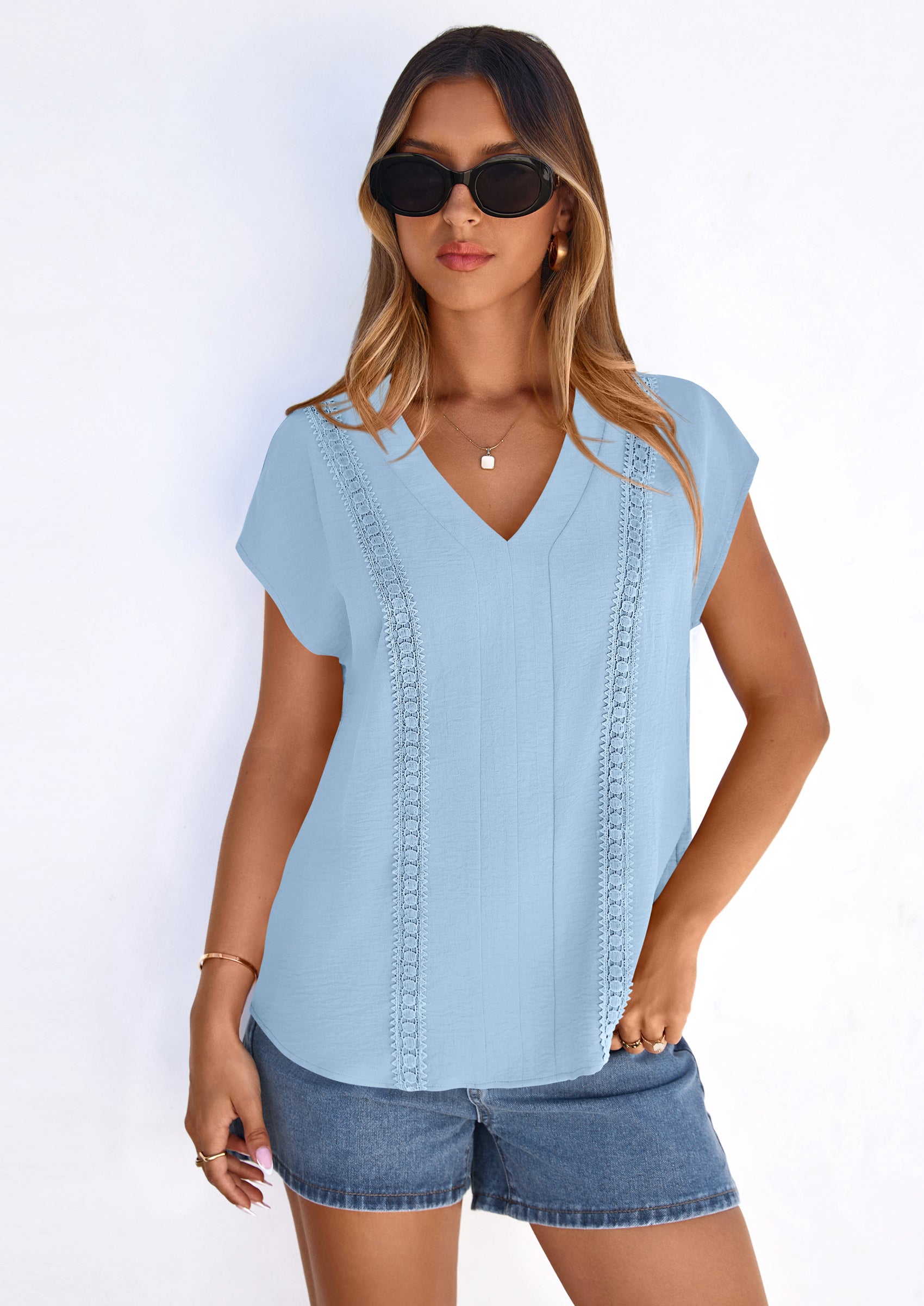 PRETTYGARDEN Spring Tops for Women Summer Fashion Clothes Dressy Casual Blouses Cap Sleeve V Neck Shirts Work Outfits PRETTYGARDEN