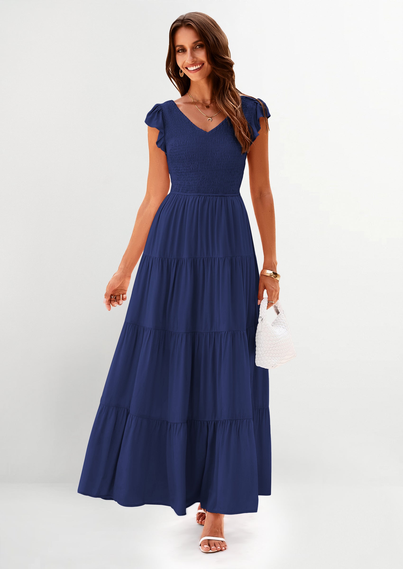 PRETTYGARDEN Women's Flowy Maxi Dress Casual Cap Sleeve V Neck Smocked Beach Sundress