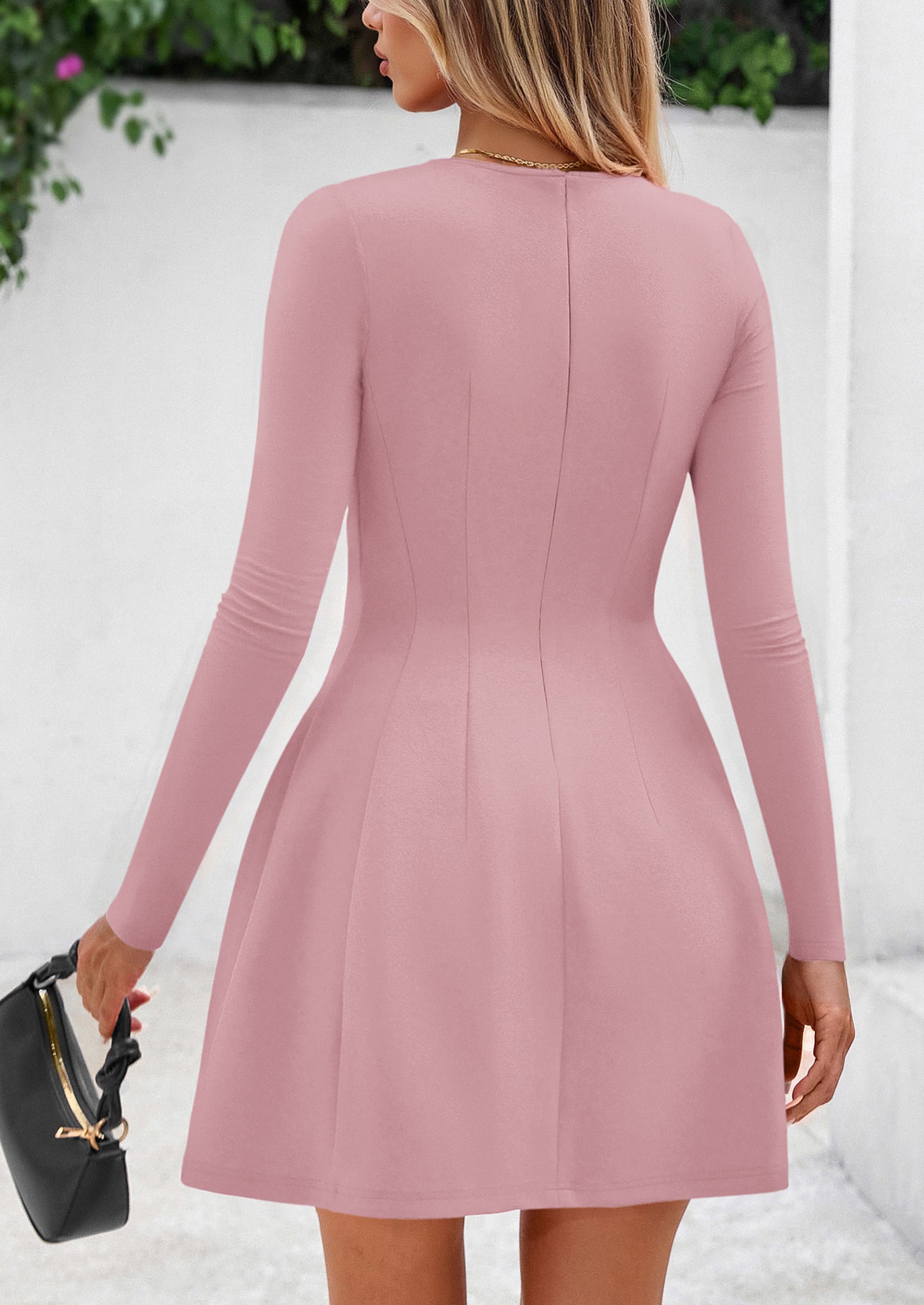 PRETTYGARDEN Long Sleeve Mini Dress for Women Fall Crewneck Knit Pleated Babydoll A Line Soft Casual Short Party Dresses