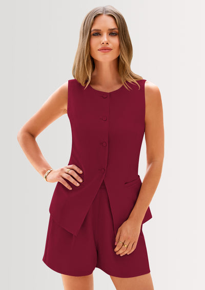 PRETTYGARDEN Two Piece Sets Button Down Suit Vest Tops High Waisted Shorts Business Casual Outfits