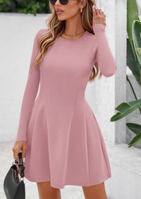 PRETTYGARDEN Long Sleeve Mini Dress for Women Fall Crewneck Knit Pleated Babydoll A Line Soft Casual Short Party Dresses