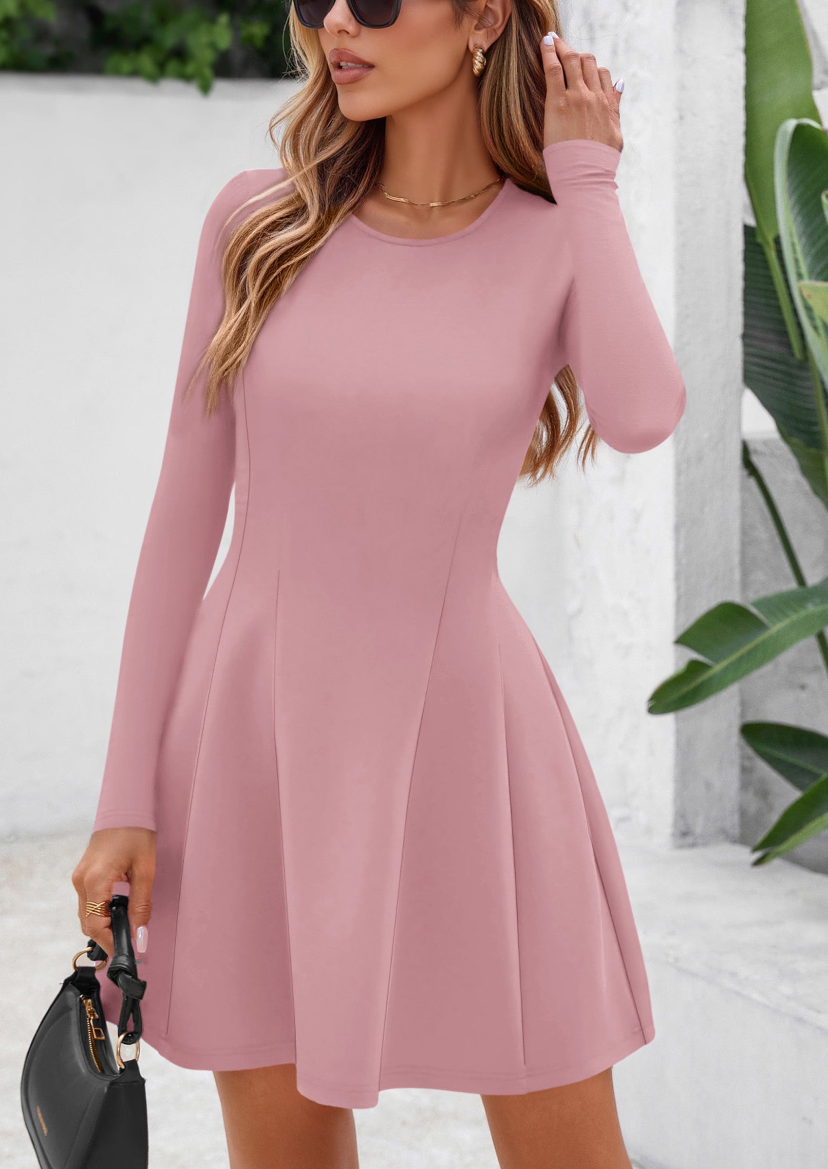 PRETTYGARDEN Long Sleeve Mini Dress for Women Fall Crewneck Knit Pleated Babydoll A Line Soft Casual Short Party Dresses