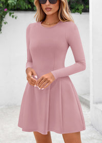 PRETTYGARDEN Long Sleeve Mini Dress for Women Fall Crewneck Knit Pleated Babydoll A Line Soft Casual Short Party Dresses