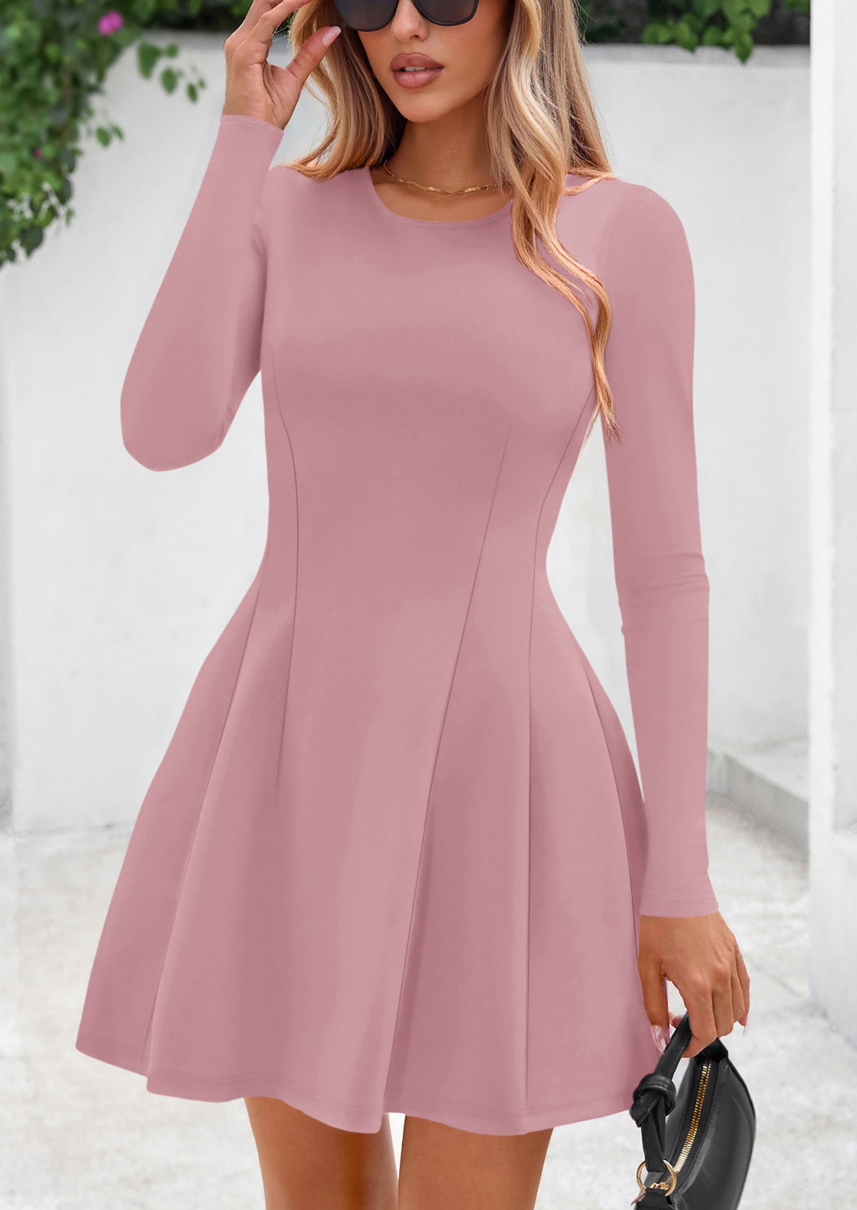 PRETTYGARDEN Long Sleeve Mini Dress for Women Fall Crewneck Knit Pleated Babydoll A Line Soft Casual Short Party Dresses