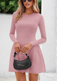 PRETTYGARDEN Long Sleeve Mini Dress for Women Fall Crewneck Knit Pleated Babydoll A Line Soft Casual Short Party Dresses