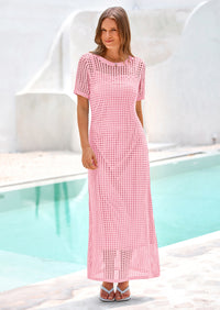 PRETTYGARDEN Womens Eyelet Cover Up Dress Summer Vacation Resort Maxi Dresses Beach Short Sleeve Hollow Out Sundress