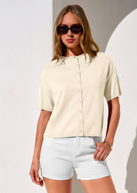 PRETTYGARDEN Women Spring Short Sleeve Cardigan Sweaters Button Down Knit Shirt Blouse Dressy Casual Tops Summer Outfits PRETTYGARDEN