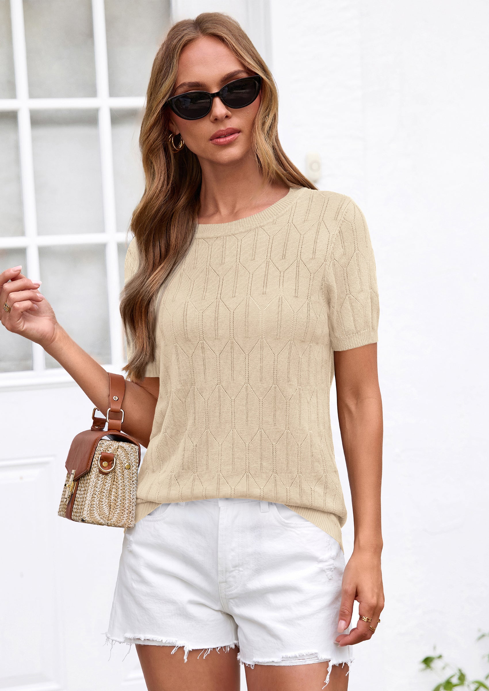 PRETTYGARDEN Women's Spring Short Sleeve Sweater Knit Going Out Tops Work Shirts Trendy Summer Business Casual Outfits