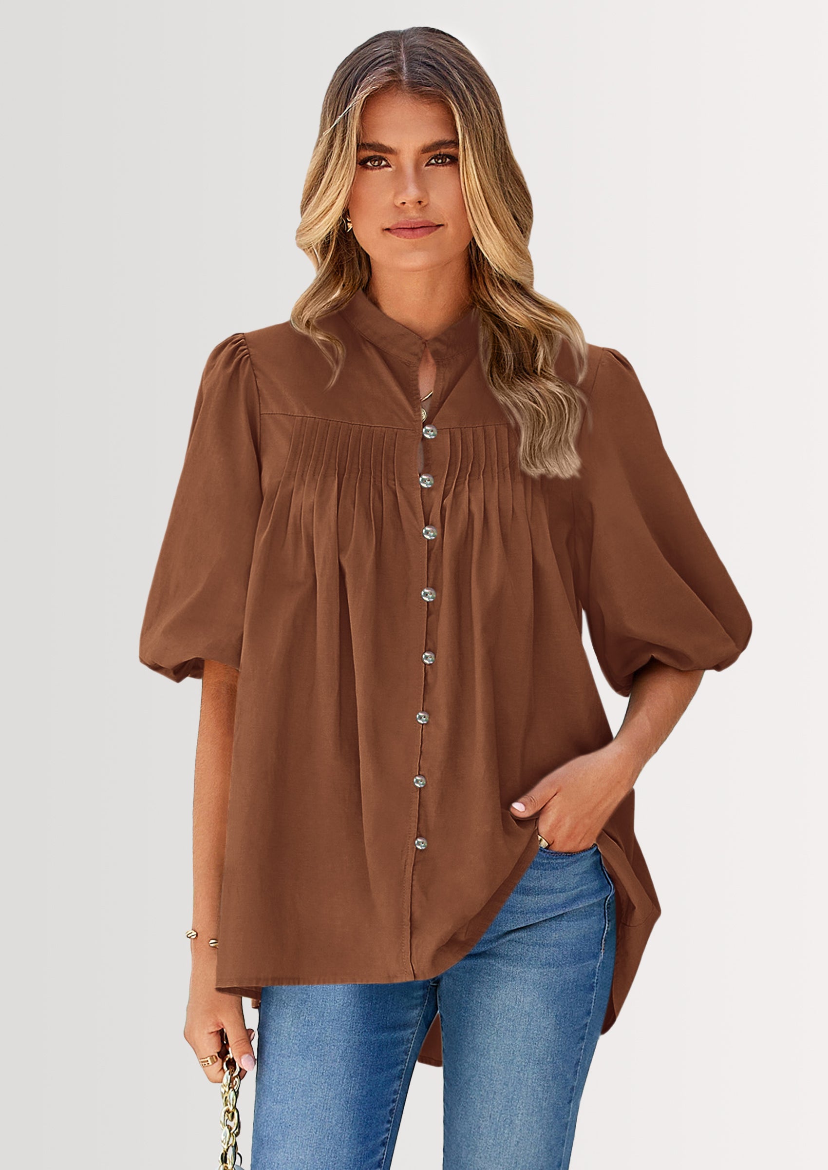 PRETTYGARDEN Women's Summer Short Lantern Sleeve Tops Loose Fit Button Down Shirt Casual Pleated V Neck Blouses