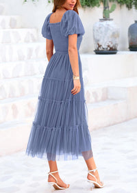 Women's Smocked Midi Tulle Dress 2025 Summer Puffy Short Sleeve Square Neck Ruffle Wedding Guest Party Dresses