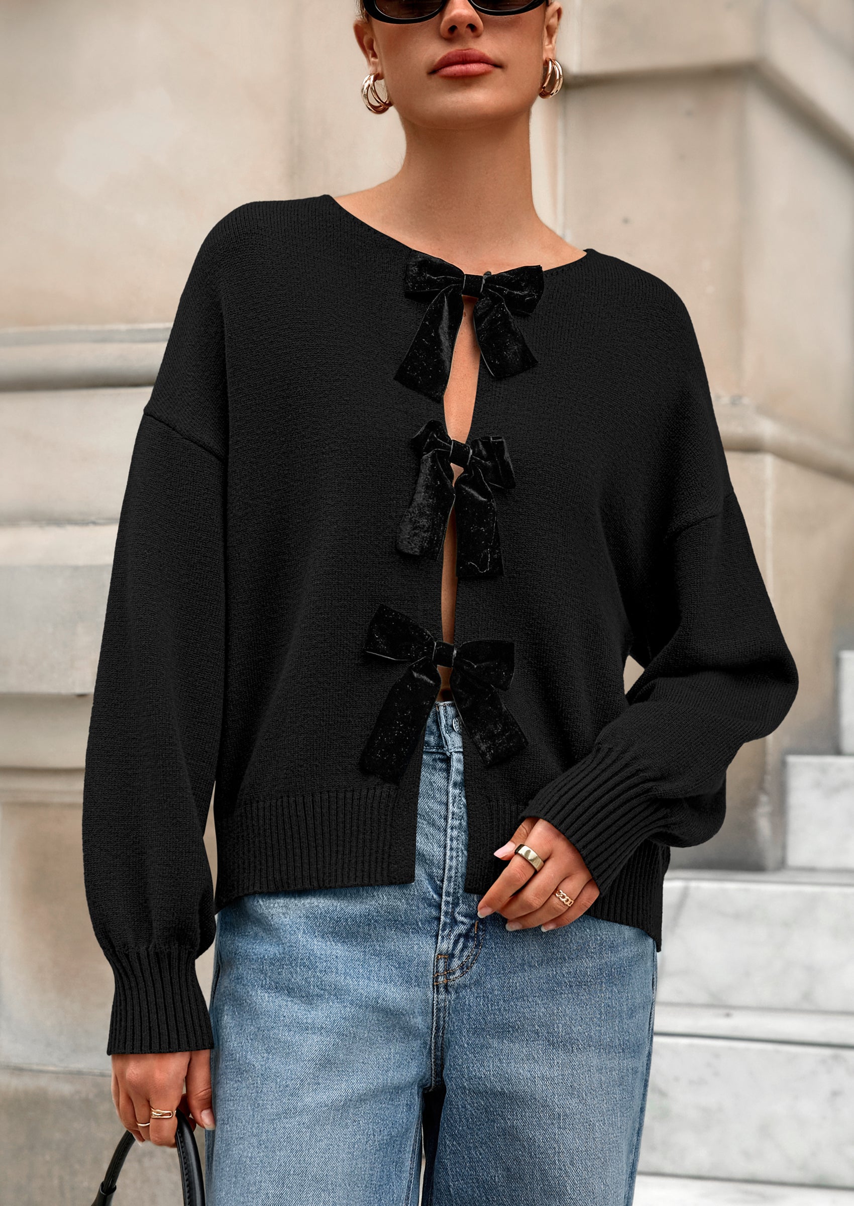 PRETTYGARDEN Cardigan Sweaters for Women Fall Bow Tie Front Long Sleeve Knit Sweater Tops Cute Going Out Outfits