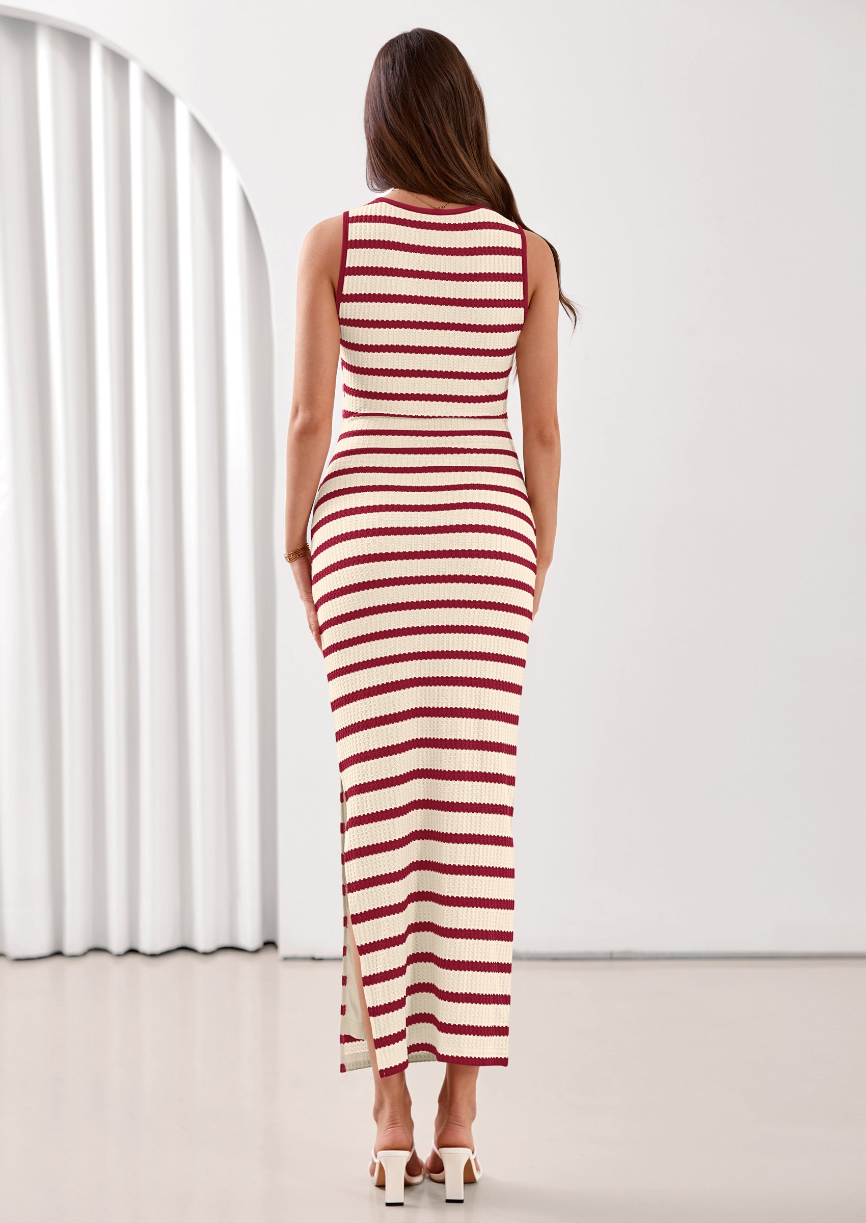 PRETTYGARDEN Sundresses for Women Summer Striped Knit Side Slit Spring Fashion Bodycon Maxi Dress Beach Vacation Clothes PRETTYGARDEN