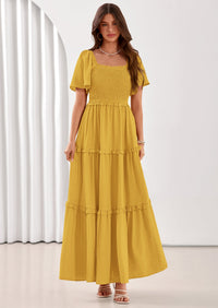 PRETTYGARDEN Summer Dresses for Women Boho Swiss Dot Smocked Square Neck Short Sleeve Spring Wedding Guest Maxi Dress PRETTYGARDEN