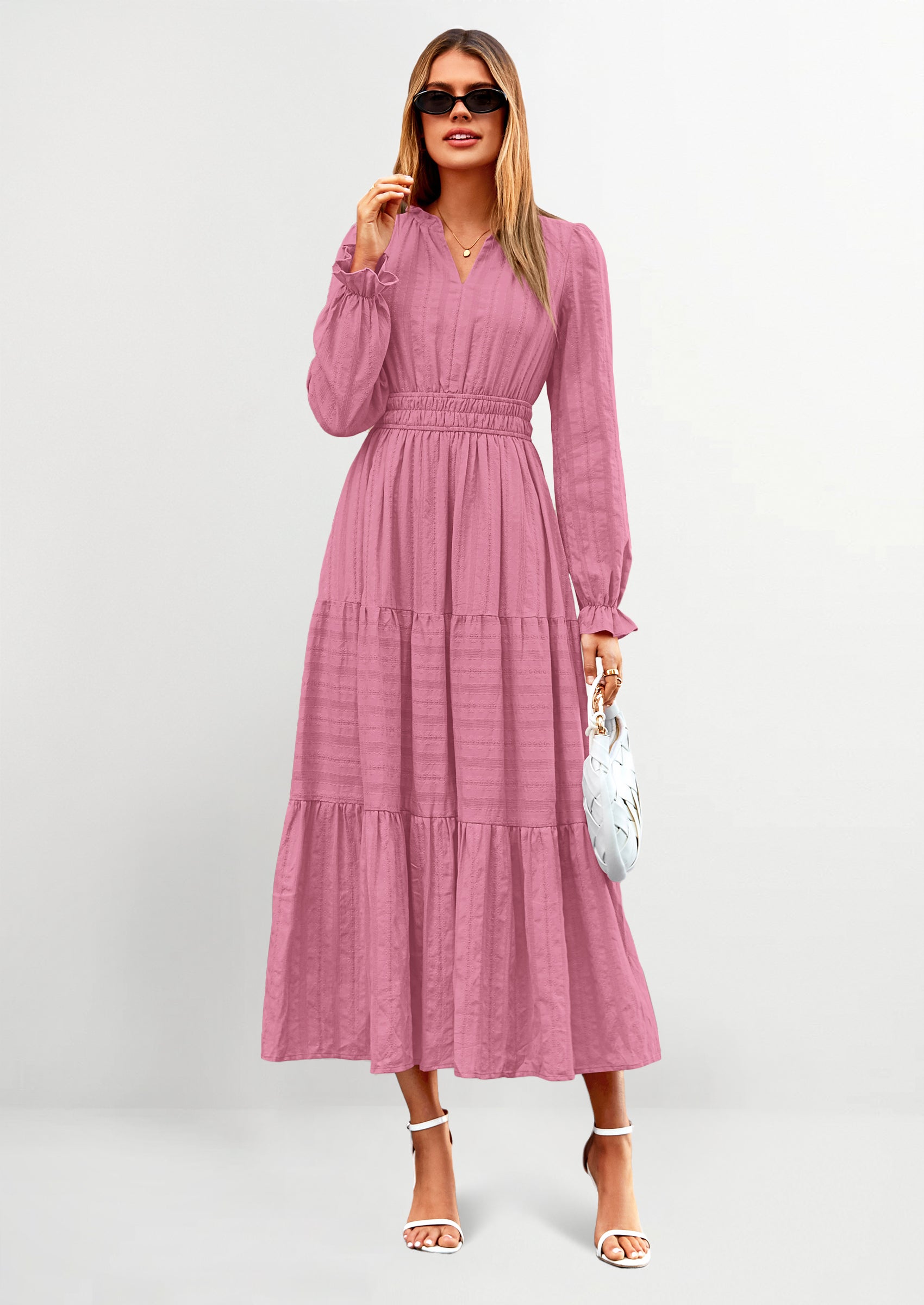 PRETTYGARDEN Women's Fall Wedding Guest Dresses Long Sleeve V Neck Flowy Elegant Holiday Party Maxi Dress with Pockets