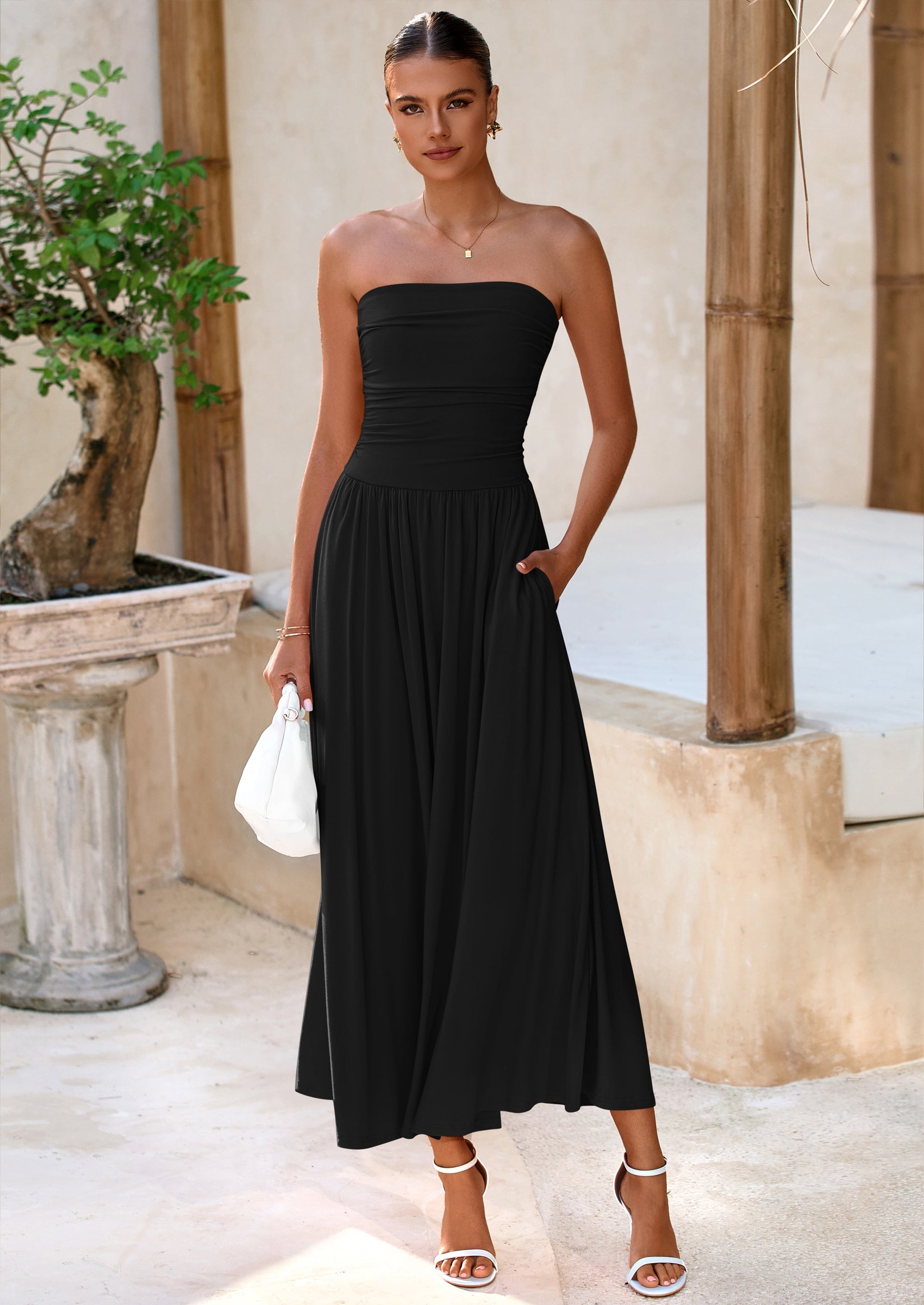 BTFBM Summer Maxi Dresses for Women Strapless Ruched Tube Top Beach Vacation Spring Wedding Guest Dress Pockets PRETTYGARDEN