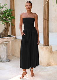 BTFBM Summer Maxi Dresses for Women Strapless Ruched Tube Top Beach Vacation Spring Wedding Guest Dress Pockets PRETTYGARDEN