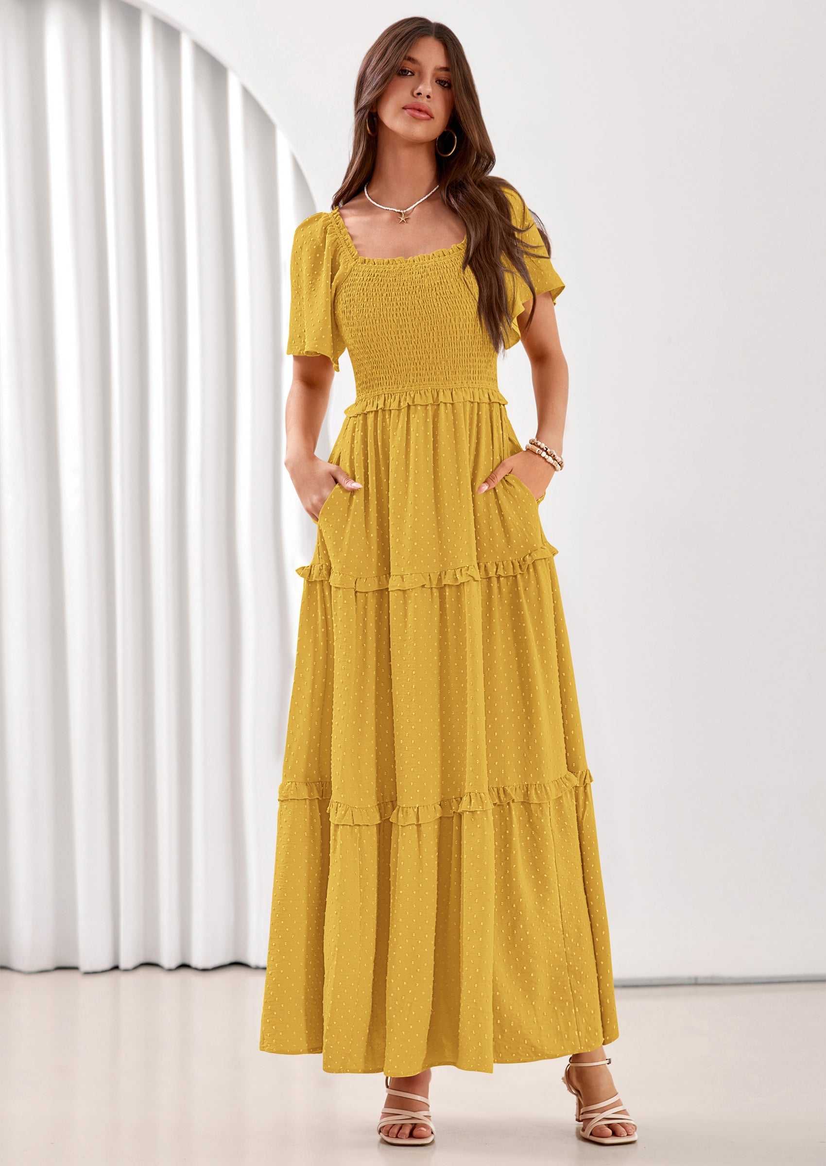 PRETTYGARDEN Summer Dresses for Women Boho Swiss Dot Smocked Square Neck Short Sleeve Spring Wedding Guest Maxi Dress PRETTYGARDEN