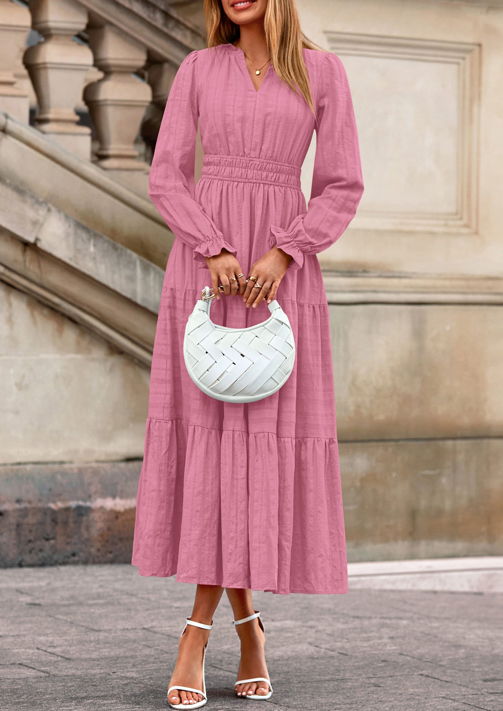 PRETTYGARDEN Women's Fall Wedding Guest Dresses Long Sleeve V Neck Flowy Elegant Holiday Party Maxi Dress with Pockets