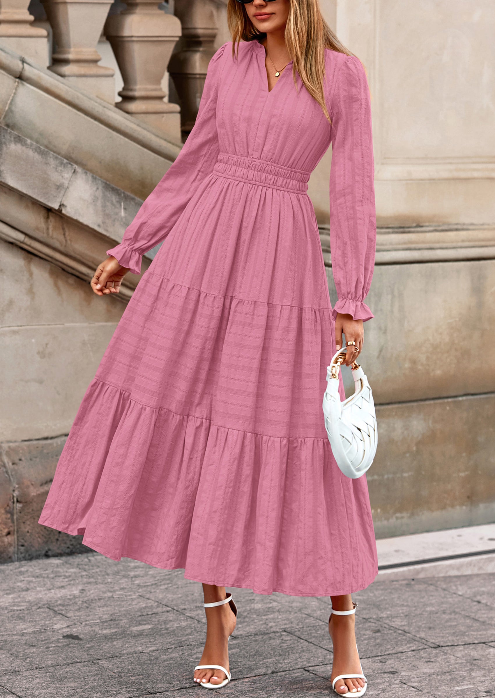 PRETTYGARDEN Women's Fall Wedding Guest Dresses Long Sleeve V Neck Flowy Elegant Holiday Party Maxi Dress with Pockets