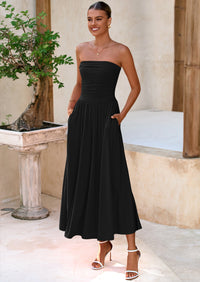 BTFBM Summer Maxi Dresses for Women Strapless Ruched Tube Top Beach Vacation Spring Wedding Guest Dress Pockets PRETTYGARDEN