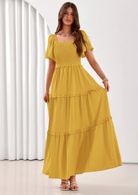 PRETTYGARDEN Summer Dresses for Women Boho Swiss Dot Smocked Square Neck Short Sleeve Spring Wedding Guest Maxi Dress PRETTYGARDEN