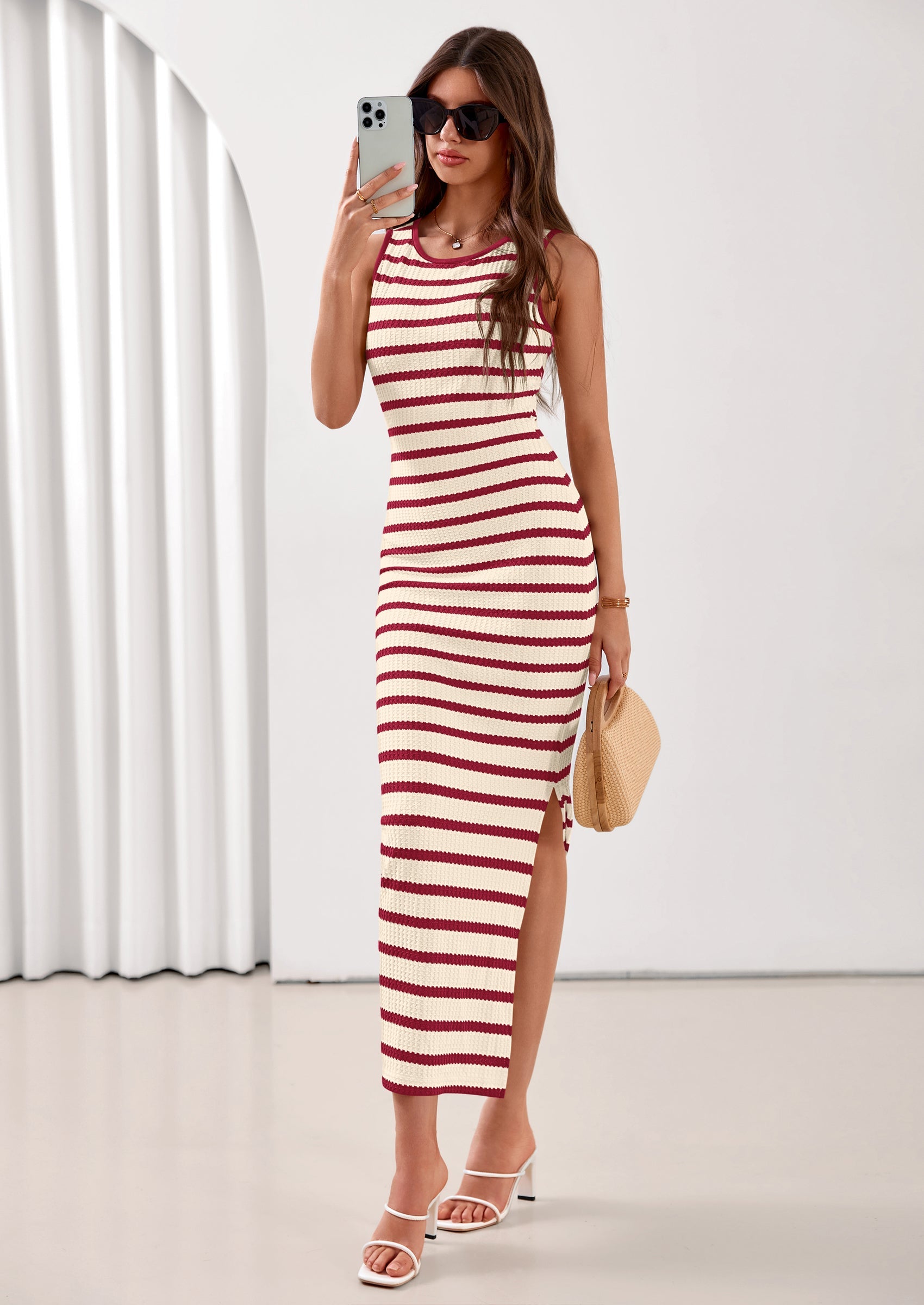 PRETTYGARDEN Sundresses for Women Summer Striped Knit Side Slit Spring Fashion Bodycon Maxi Dress Beach Vacation Clothes PRETTYGARDEN