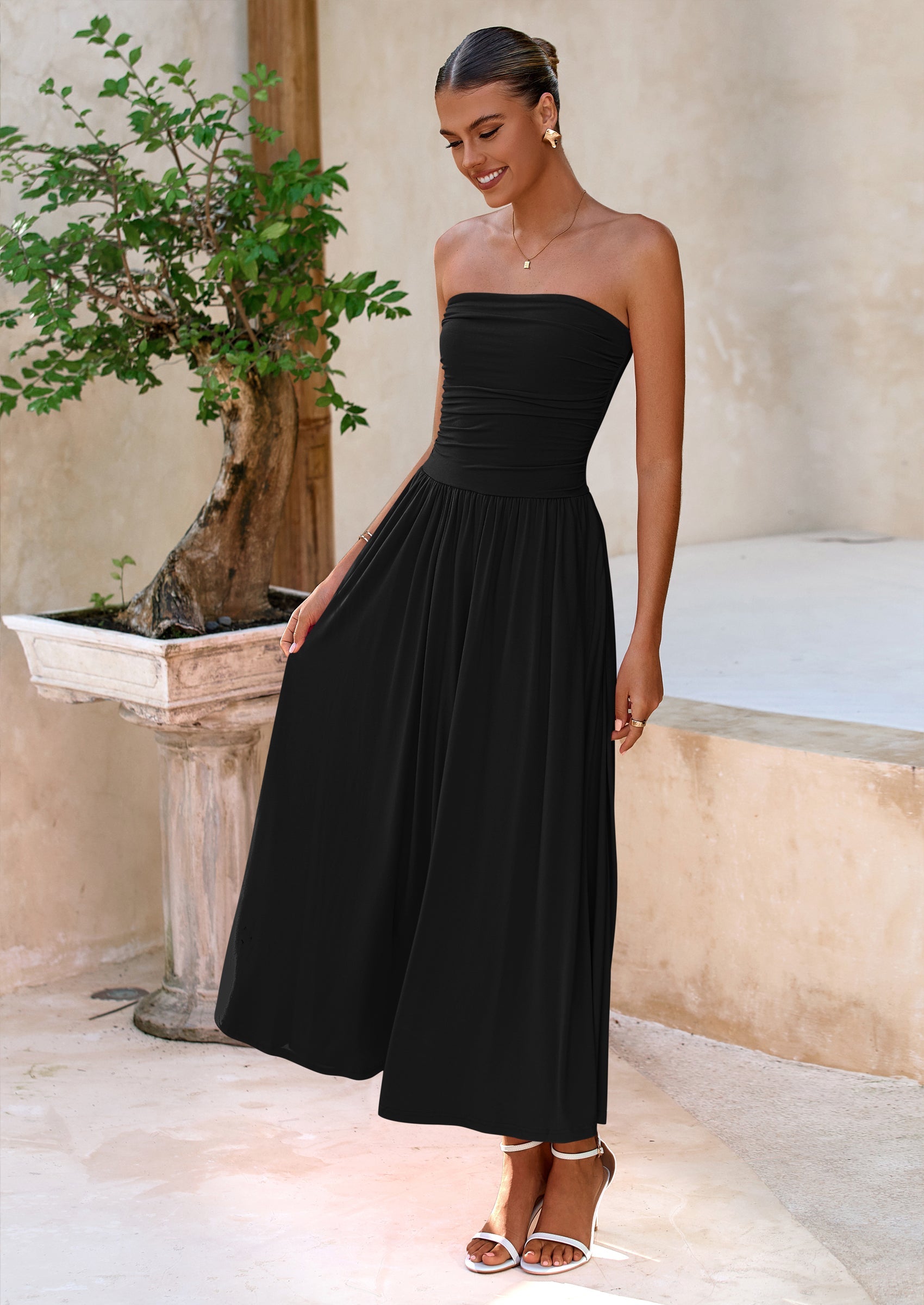 BTFBM Summer Maxi Dresses for Women Strapless Ruched Tube Top Beach Vacation Spring Wedding Guest Dress Pockets PRETTYGARDEN