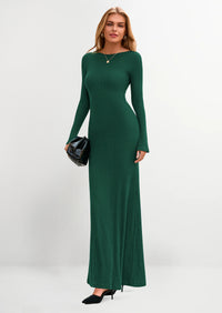PRETTYGARDEN Women's Fall Fashion Long Sleeve Maxi Dress Ribbed Knit Boat Neck Bodycon Casual Dresses Going Out Outfits