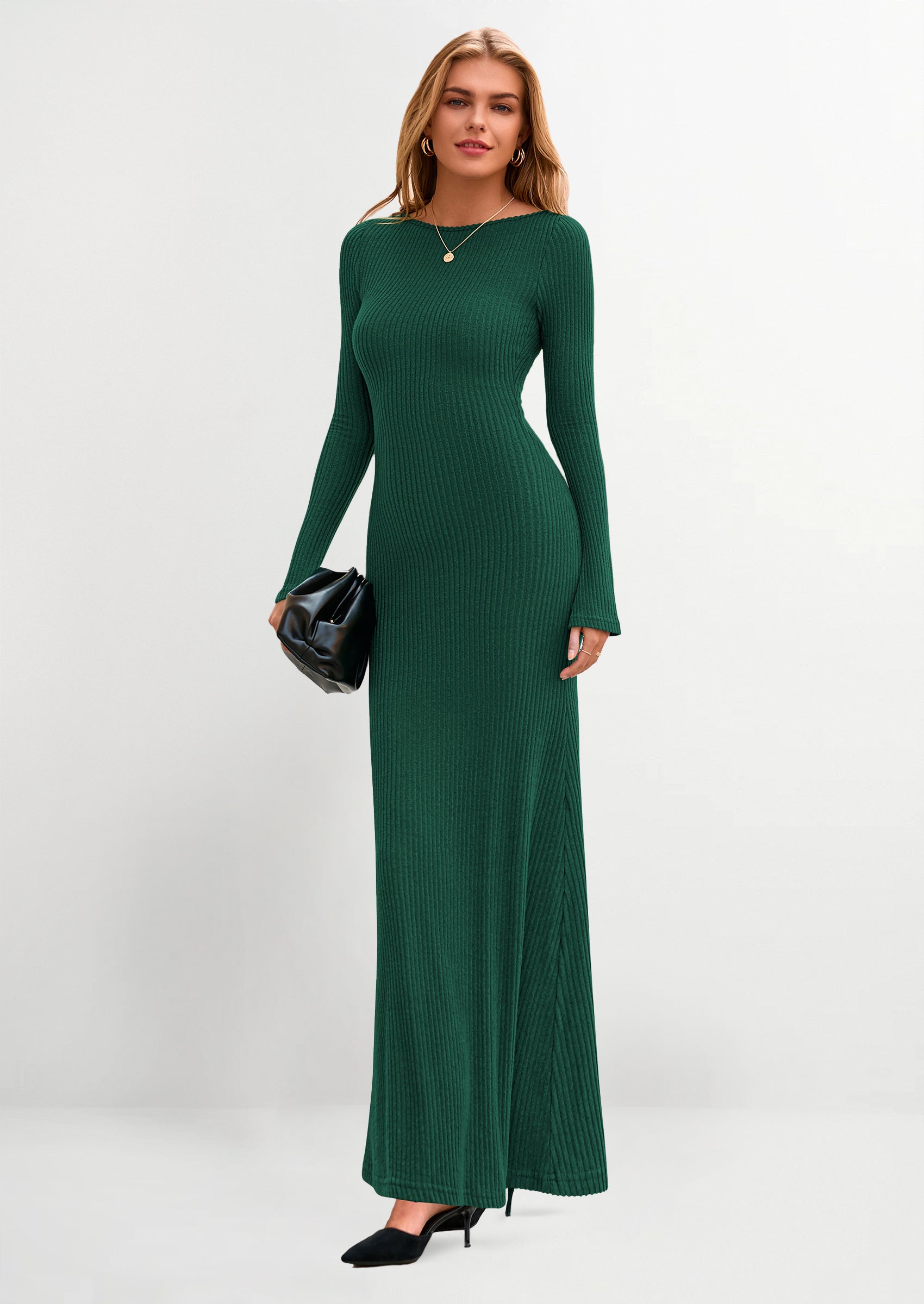 PRETTYGARDEN Women's Fall Fashion Long Sleeve Maxi Dress Ribbed Knit Boat Neck Bodycon Casual Dresses Going Out Outfits