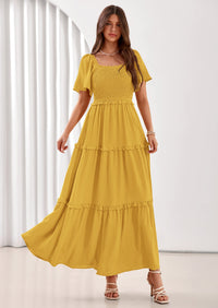 PRETTYGARDEN Summer Dresses for Women Boho Swiss Dot Smocked Square Neck Short Sleeve Spring Wedding Guest Maxi Dress PRETTYGARDEN