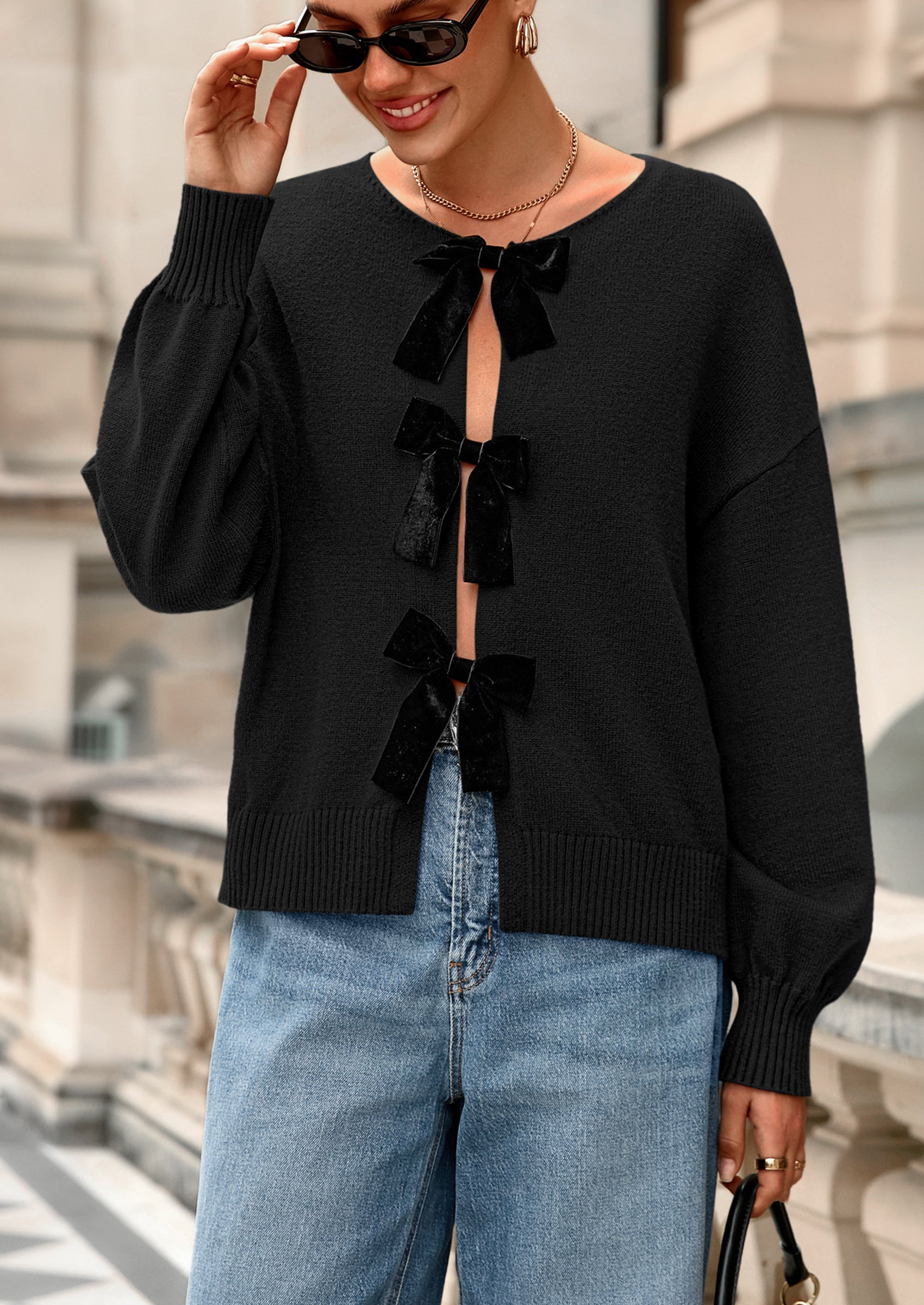 PRETTYGARDEN Cardigan Sweaters for Women Fall Bow Tie Front Long Sleeve Knit Sweater Tops Cute Going Out Outfits