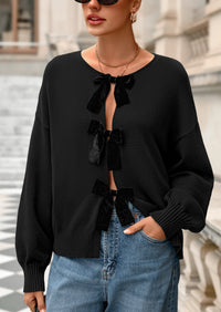 PRETTYGARDEN Cardigan Sweaters for Women Fall Bow Tie Front Long Sleeve Knit Sweater Tops Cute Going Out Outfits