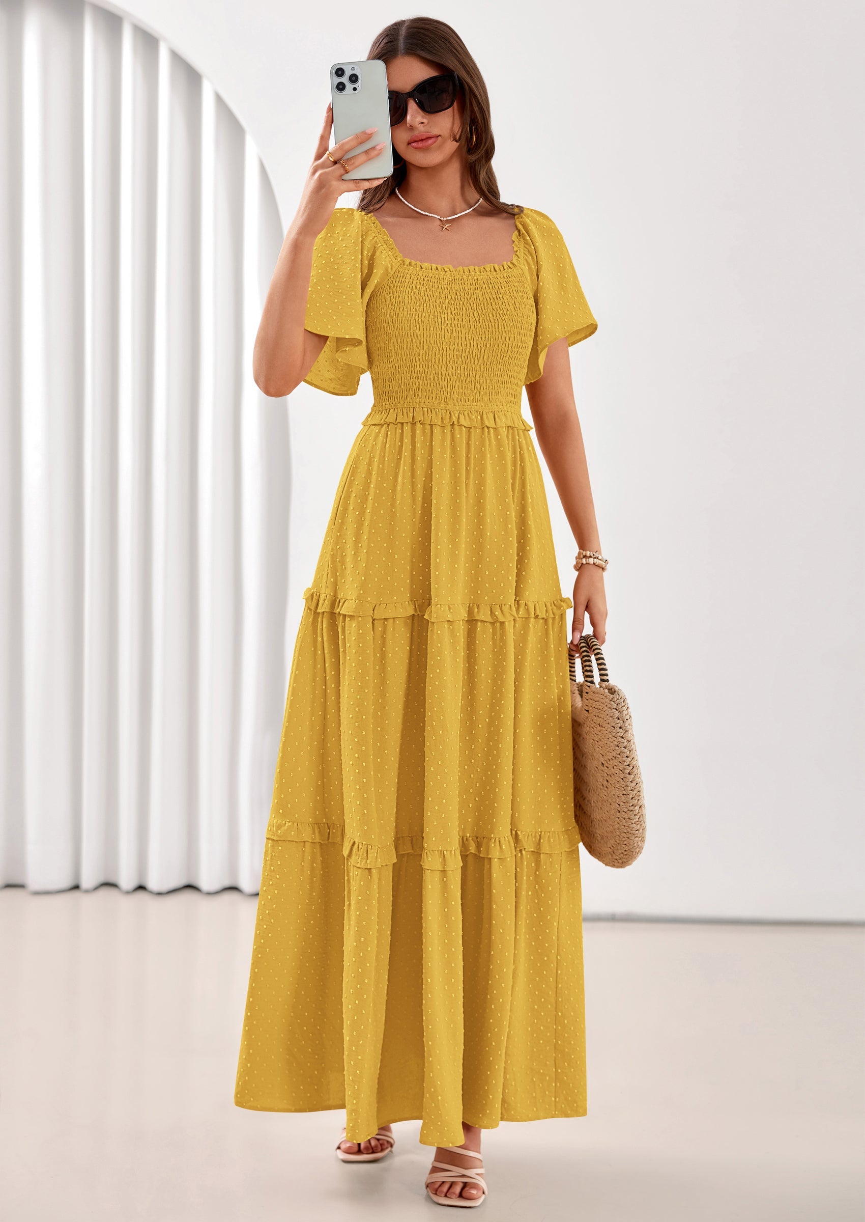 PRETTYGARDEN Summer Dresses for Women Boho Swiss Dot Smocked Square Neck Short Sleeve Spring Wedding Guest Maxi Dress PRETTYGARDEN