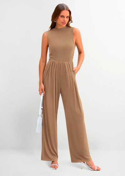 PRETTYGARDEN Womens Summer Jumpsuits Dressy Casual One Piece Outfits Sleeveless Mock Neck Wide Leg Pants Rompers with Pockets