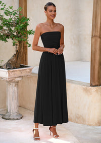 BTFBM Summer Maxi Dresses for Women Strapless Ruched Tube Top Beach Vacation Spring Wedding Guest Dress Pockets PRETTYGARDEN