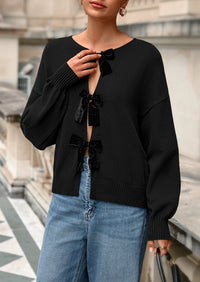 PRETTYGARDEN Cardigan Sweaters for Women Fall Bow Tie Front Long Sleeve Knit Sweater Tops Cute Going Out Outfits