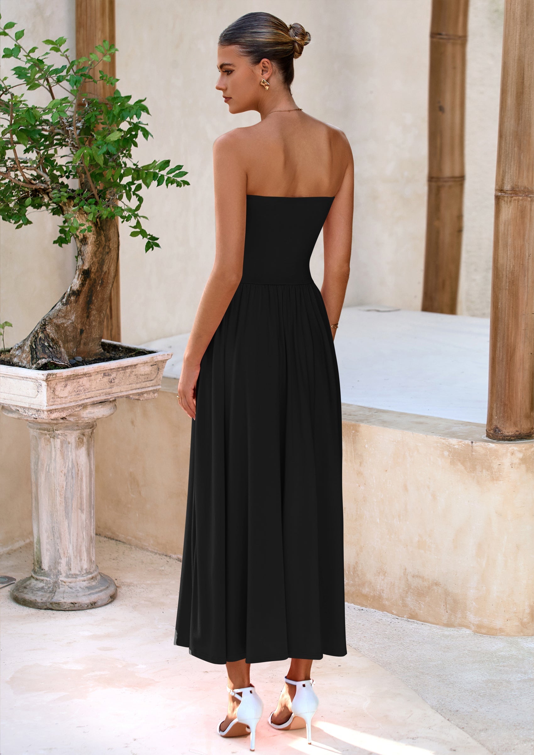 BTFBM Summer Maxi Dresses for Women Strapless Ruched Tube Top Beach Vacation Spring Wedding Guest Dress Pockets PRETTYGARDEN