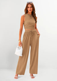 PRETTYGARDEN 2 Piece Sets Sleeveless Tank Ribbed Travel Vacation Lounge Wear Outfits