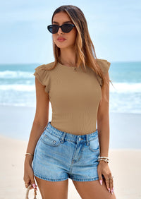 PRETTYGARDEN Womens Summer Crew Neck T Shirts Trendy Ruffle Sleeve Slim Fit Knit Going Out Tops Casual Spring Clothes PRETTYGARDEN