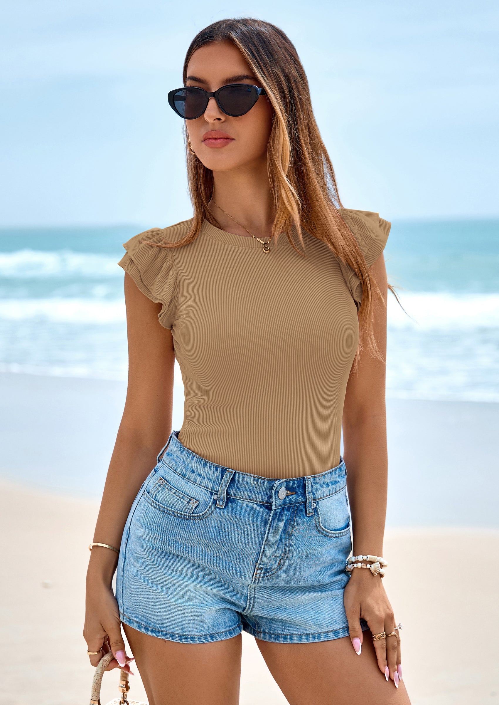 PRETTYGARDEN Womens Summer Crew Neck T Shirts Trendy Ruffle Sleeve Slim Fit Knit Going Out Tops Casual Spring Clothes PRETTYGARDEN