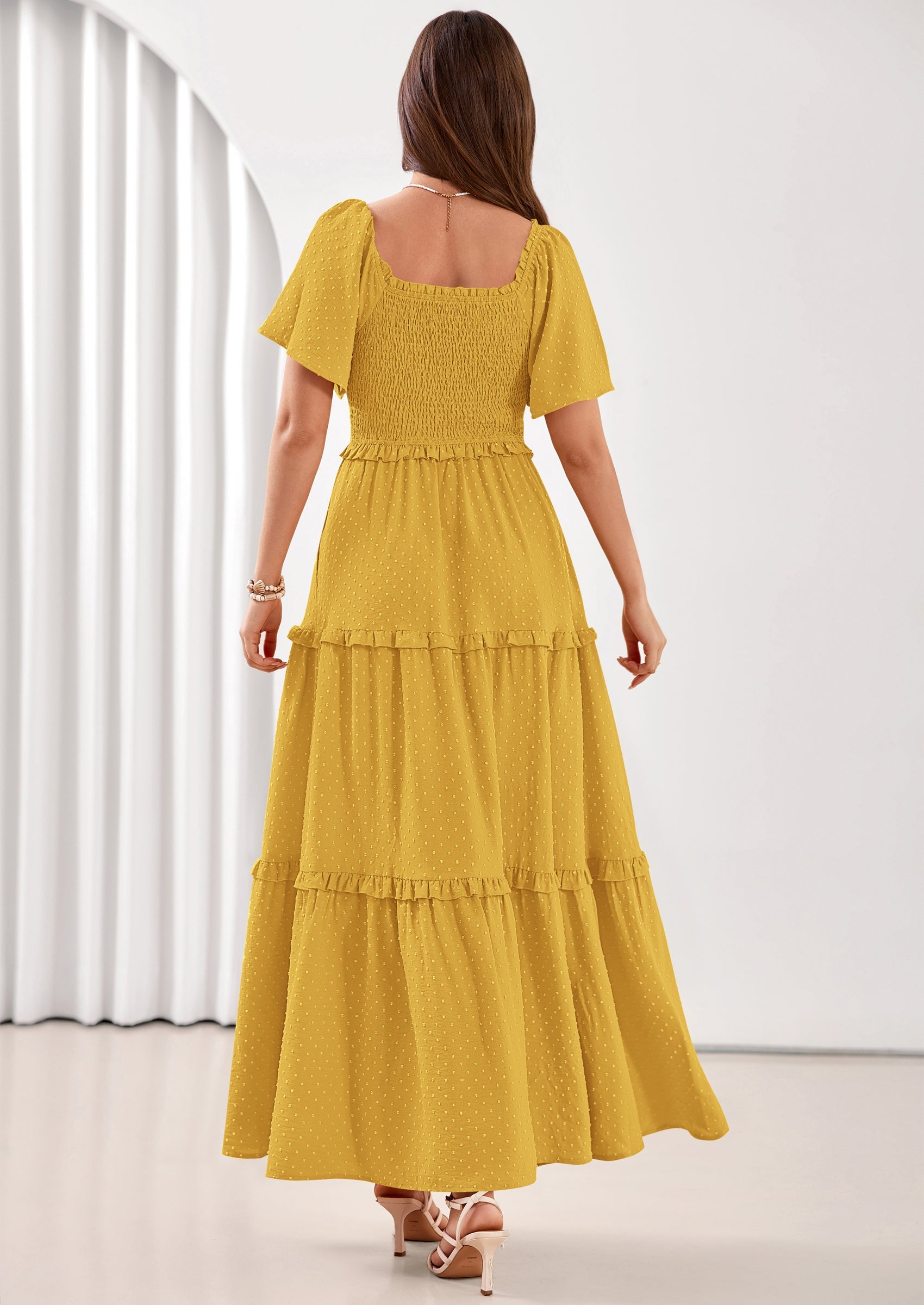 PRETTYGARDEN Summer Dresses for Women Boho Swiss Dot Smocked Square Neck Short Sleeve Spring Wedding Guest Maxi Dress PRETTYGARDEN