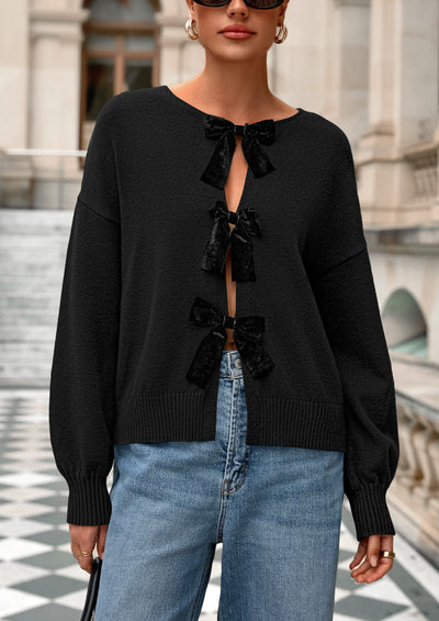 PRETTYGARDEN Cardigan Sweaters for Women Fall Bow Tie Front Long Sleeve Knit Sweater Tops Cute Going Out Outfits